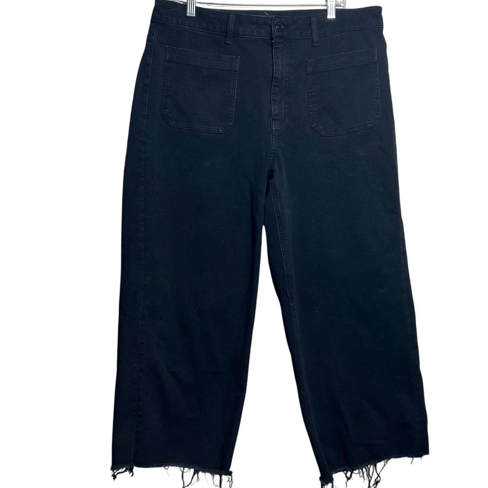 Bella Stretch Patch Pocket Wide Leg Jeans Black Frayed Hem Size 33